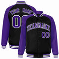 Custom Black & Purple & White Striped Trim Satin Full-Snap Varsity Jacket - front view
