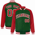 Personalized Green & Red & White Striped Trim Satin Full-Snap Varsity Jacket - front view