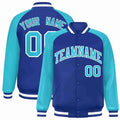 Custom Royal Blue & Aqua & White Striped Trim Satin Full-Snap Varsity Jacket - front view