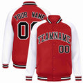 Custom Red & White & Black Striped Trim Satin Full-Snap Varsity Jacket - front view