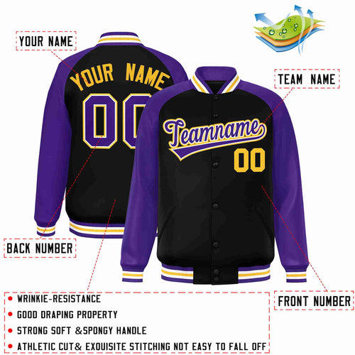 Custom Black Purple-White Varsity Jacket Raglan Sleeves Full-Snap Letterman