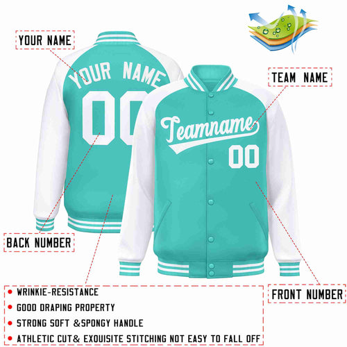 Custom Aqua White Varsity Jacket Raglan Sleeves Full-Snap Letterman
