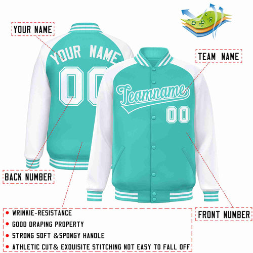 Custom Aqua White Varsity Jacket Raglan Sleeves Full-Snap Letterman