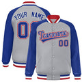 Custom Gray Royal-White Varsity Jacket Raglan Sleeves Full-Snap Letterman