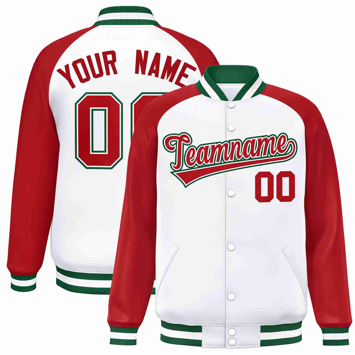Custom White Red-White Varsity Jacket Raglan Sleeves Full-Snap Letterman
