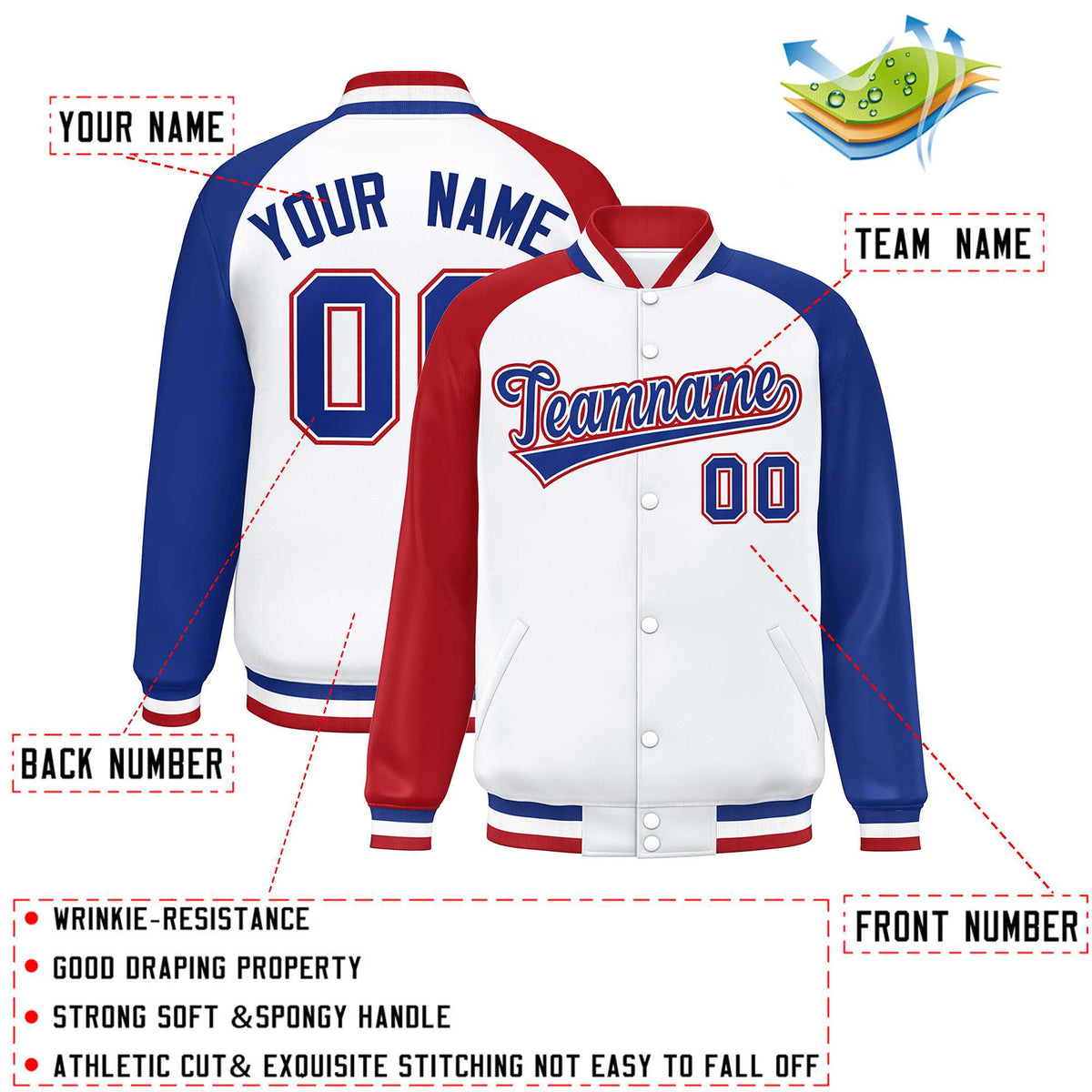 Custom White Royal-White Varsity Jacket Raglan Sleeves Full-Snap Letterman