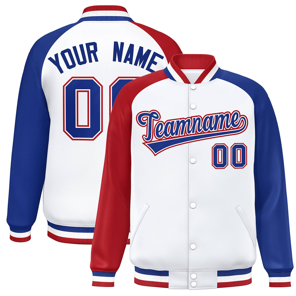 Custom White Royal-White Varsity Jacket Raglan Sleeves Full-Snap Letterman