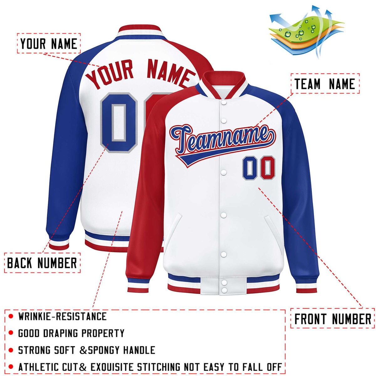 Custom White Royal-White Varsity Jacket Raglan Sleeves Full-Snap Letterman