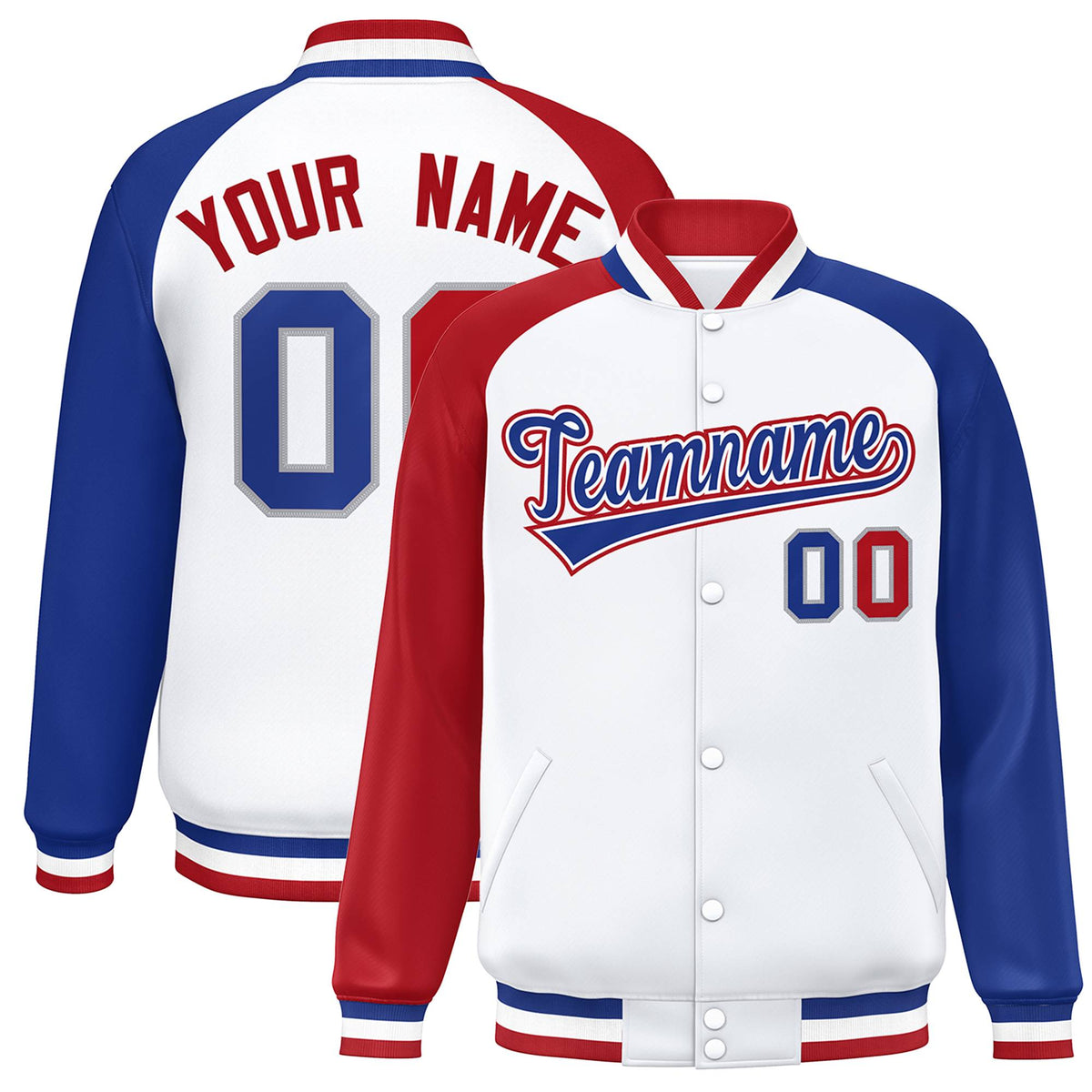 Custom White Royal-White Varsity Jacket Raglan Sleeves Full-Snap Letterman