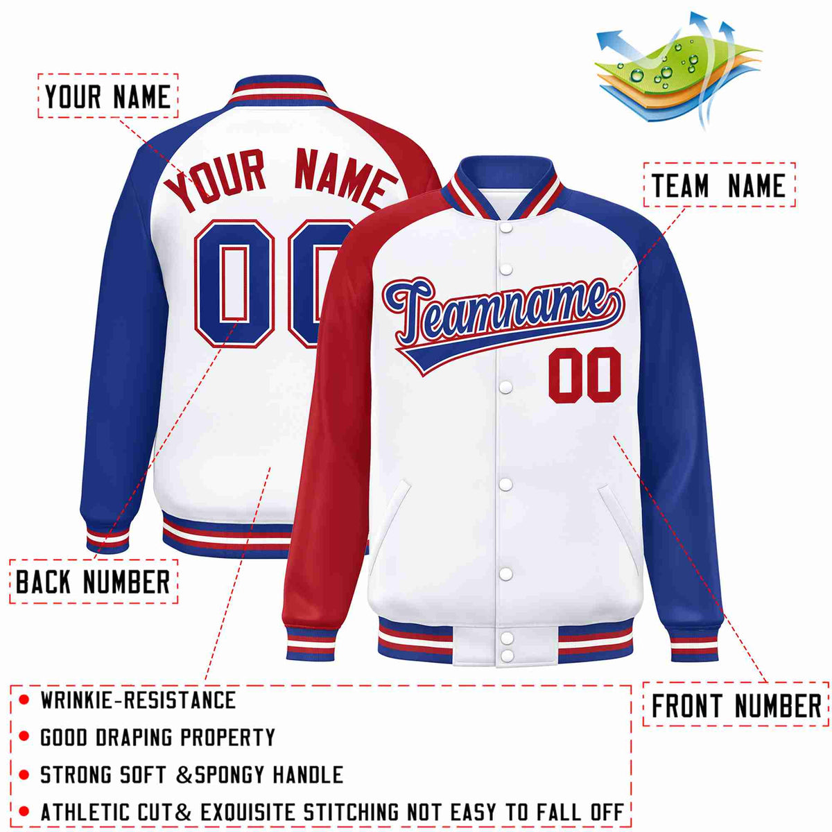 Custom White Royal-White Varsity Jacket Raglan Sleeves Full-Snap Letterman