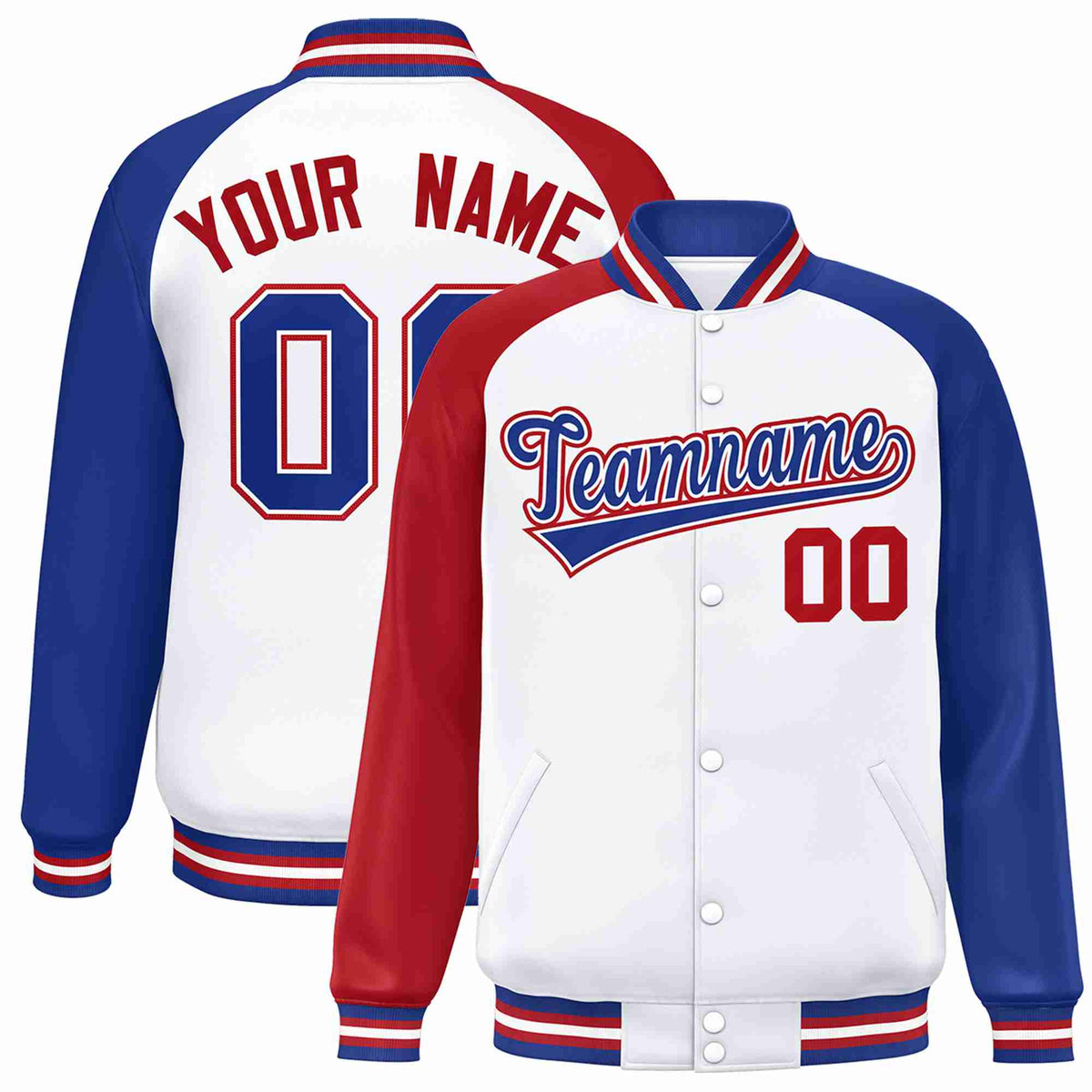 Custom White Royal-White Varsity Jacket Raglan Sleeves Full-Snap Letterman