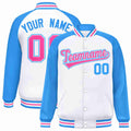 Custom White Pink-White Varsity Jacket Raglan Sleeves Full-Snap Letterman