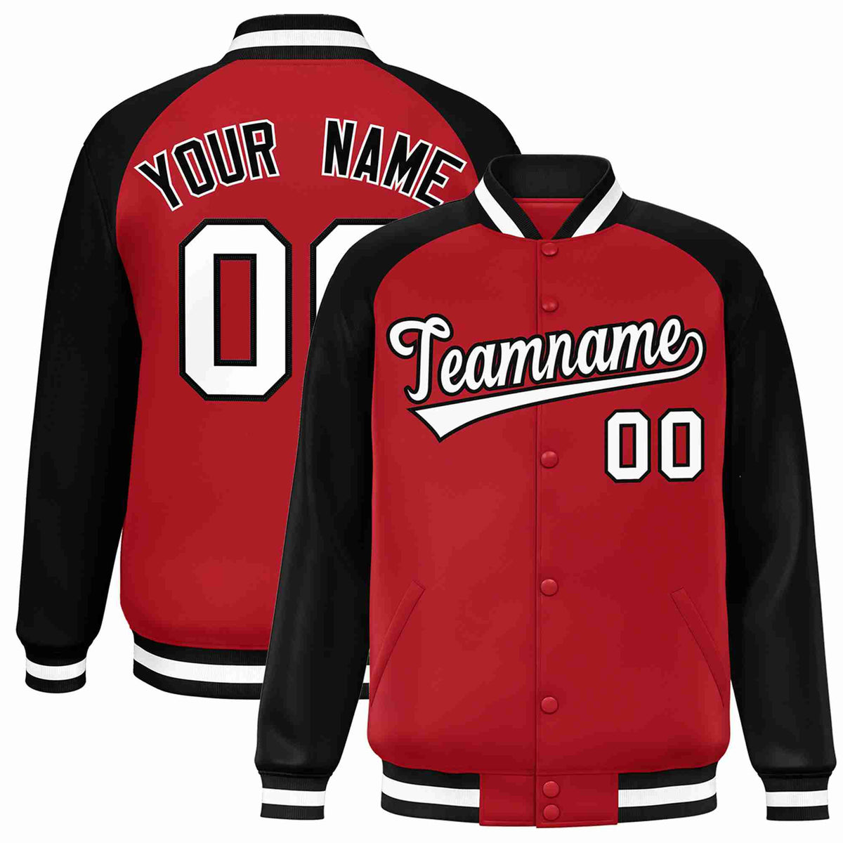 Custom Red White-Black Varsity Jacket Raglan Sleeves Full-Snap Letterman