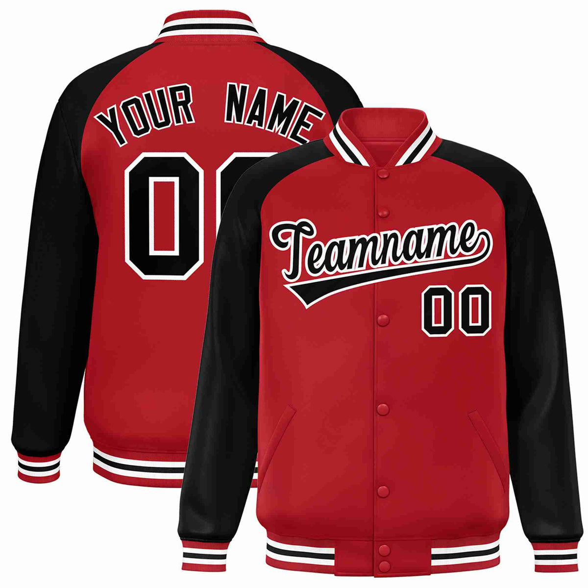 Custom Red Black-White Varsity Jacket Raglan Sleeves Full-Snap Letterman