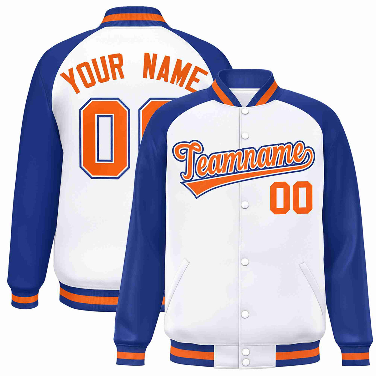 Custom White Orange-White Varsity Jacket Raglan Sleeves Full-Snap Letterman