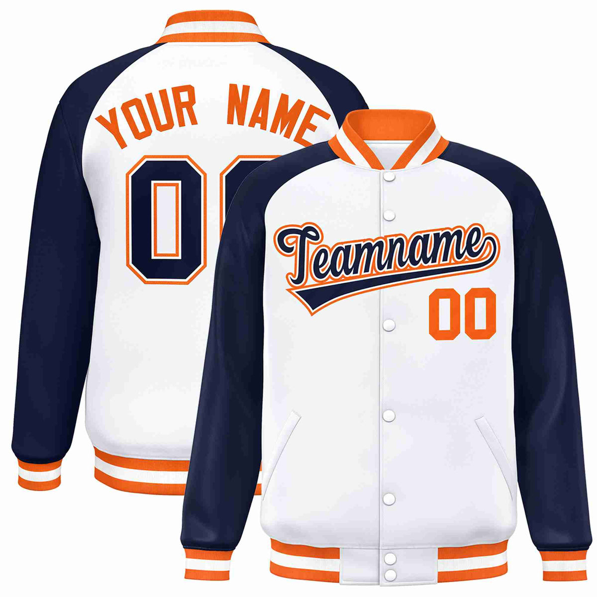 Custom White Navy-White Varsity Jacket Raglan Sleeves Full-Snap Letterman
