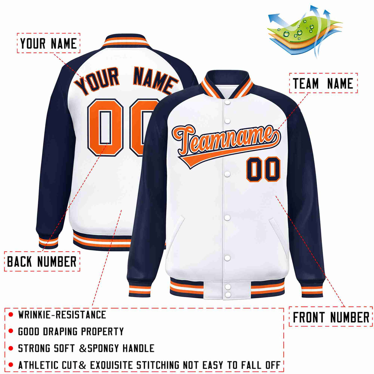 Custom White Orange-White Varsity Jacket Raglan Sleeves Full-Snap Letterman