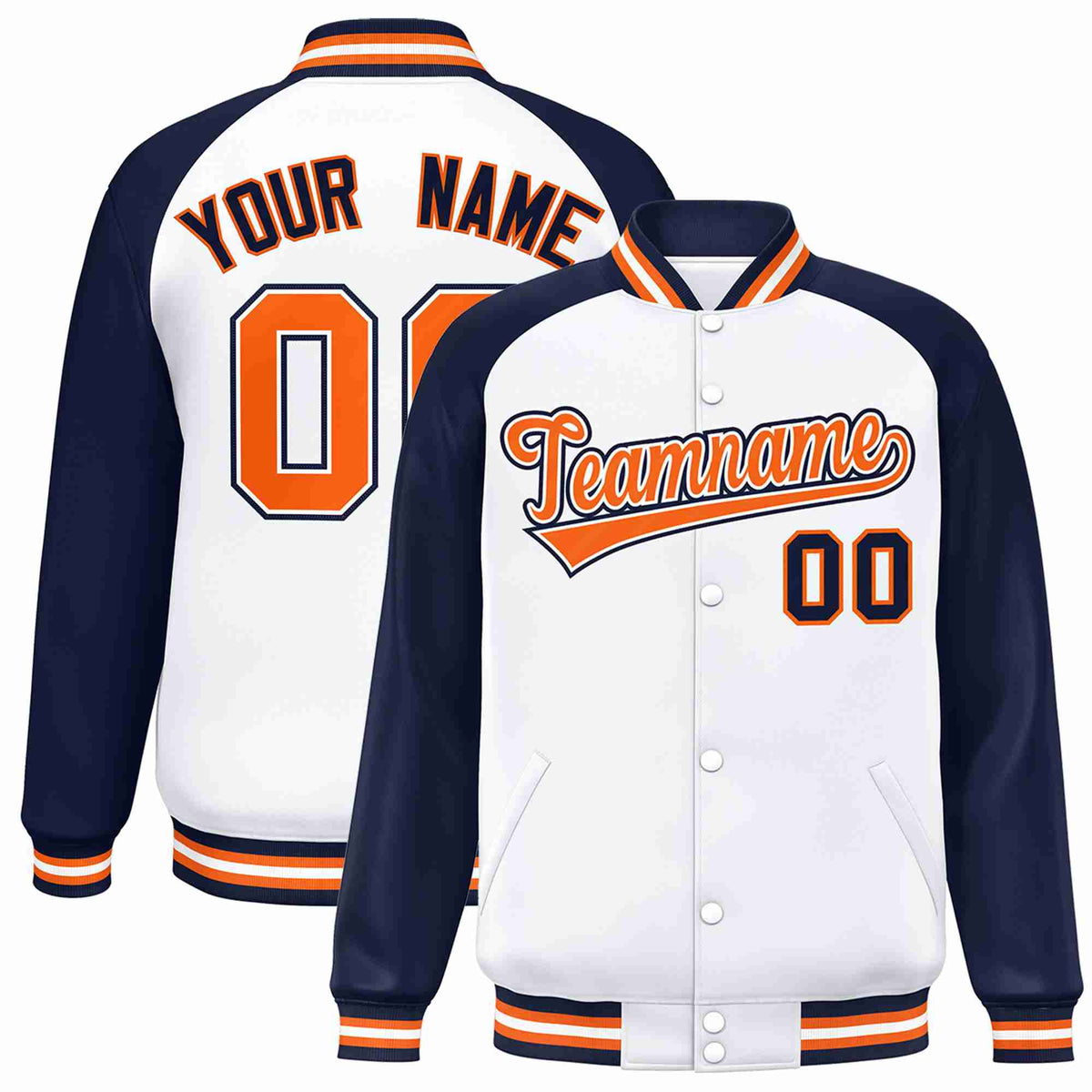 Custom White Orange-White Varsity Jacket Raglan Sleeves Full-Snap Letterman