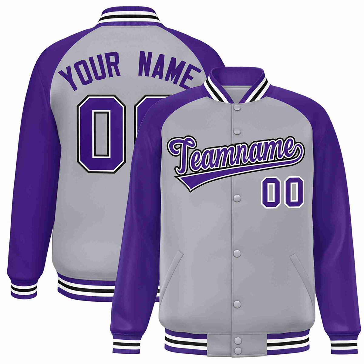 Custom Gray Purple-White Varsity Jacket Raglan Sleeves Full-Snap Letterman