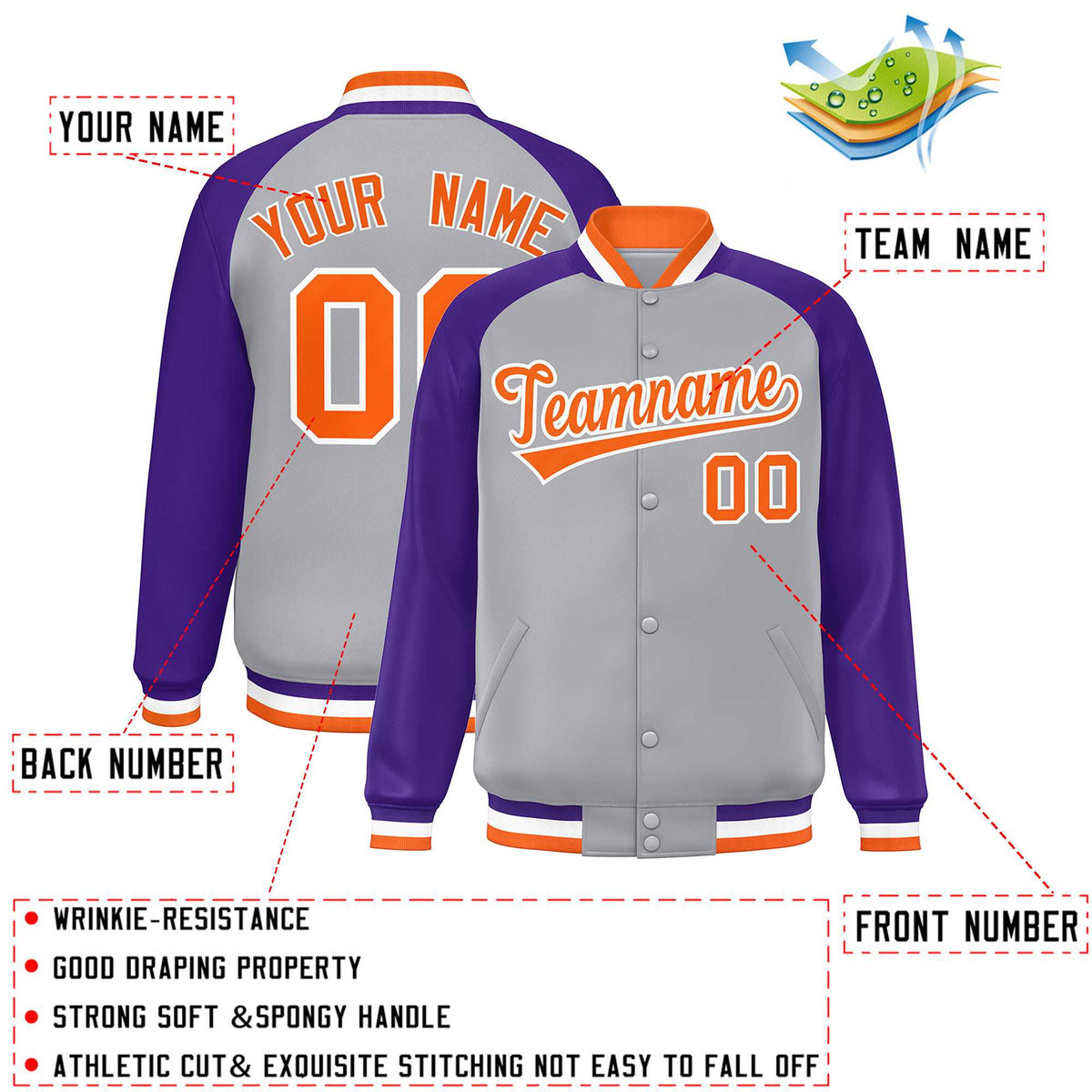 Custom Gray Orange-White Varsity Jacket Raglan Sleeves Full-Snap Letterman