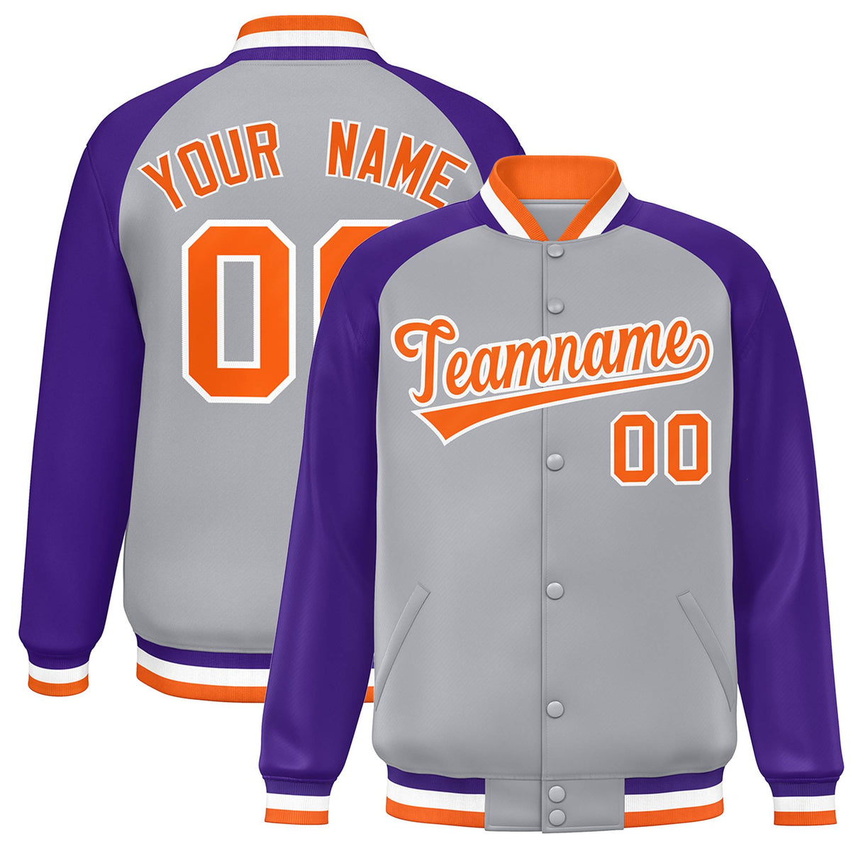Custom Gray Orange-White Varsity Jacket Raglan Sleeves Full-Snap Letterman