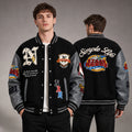 Simple Life Varsity Jacket - Black and Grey Faux Leather Sleeve Letterman Bomber