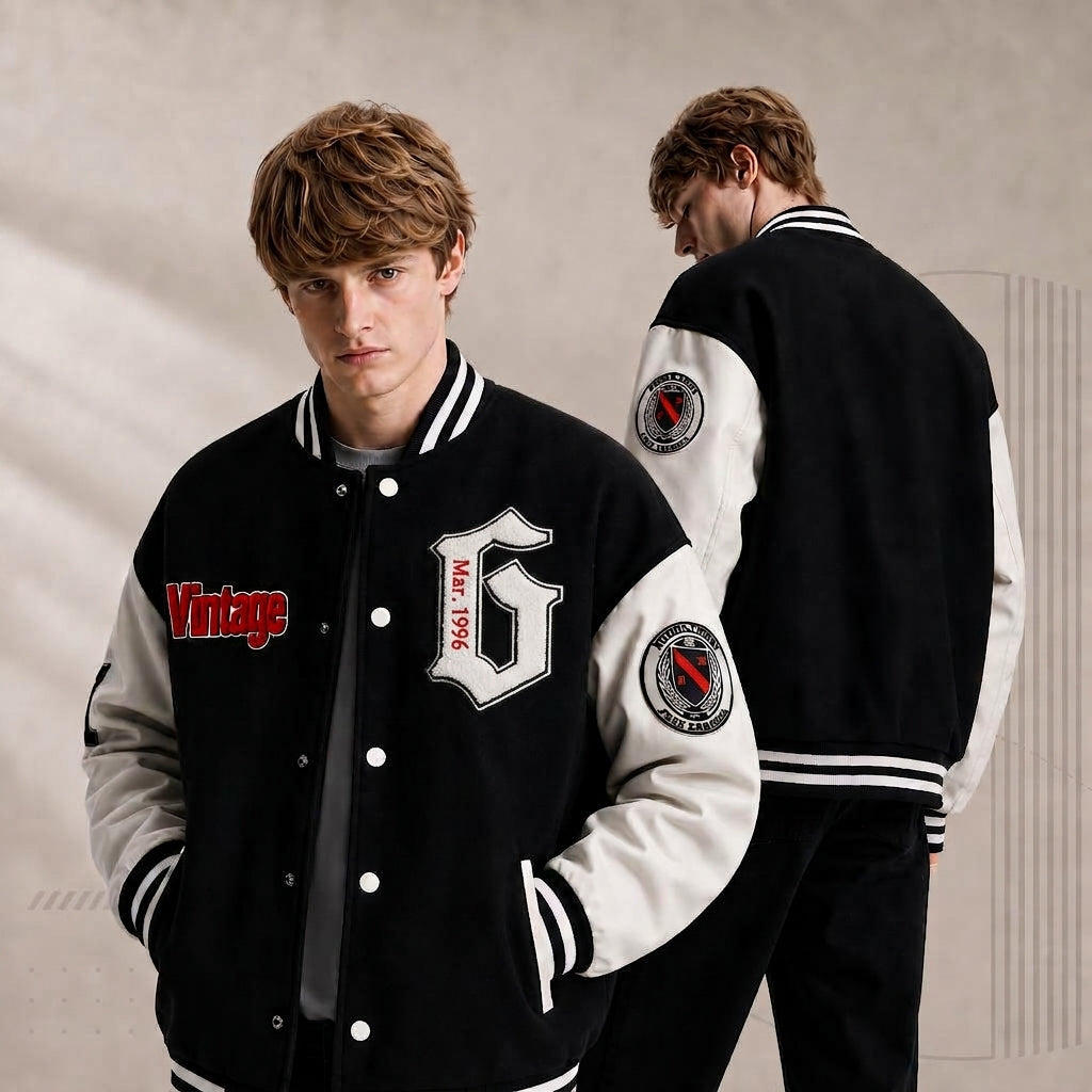 Vintage 1996 Faux Leather Sleeve Varsity Jacket - Black and White Letterman Jacket