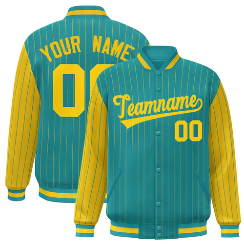 Custom Aqua & Gold Pinstripe Satin Full-Snap Varsity Jacket - JK01L-CXTW-240705-X052_F