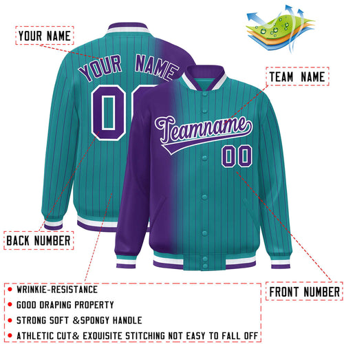 Custom Aqua & Purple Gradient Pinstripe Satin Full-Snap Varsity Jacket - C