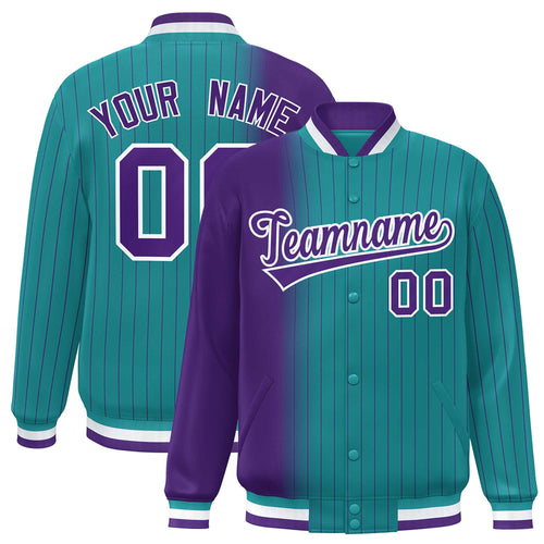 Custom Aqua & Purple Gradient Pinstripe Satin Full-Snap Varsity Jacket - F