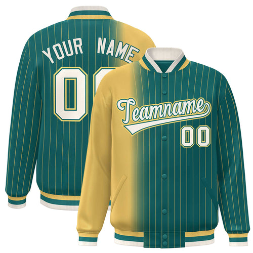 Custom Aqua Gradient Pinstripe Satin Full-Snap Varsity Jacket - F
