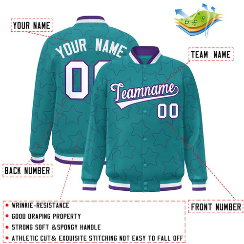 Custom Aqua & Purple Star Pattern Satin Full-Snap Varsity Jacket - C