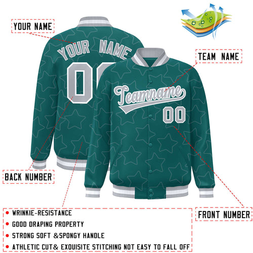 Custom Aqua & Gray Star Pattern Satin Full-Snap Varsity Jacket - C