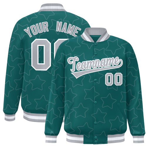 Custom Aqua & Gray Star Pattern Satin Full-Snap Varsity Jacket - F