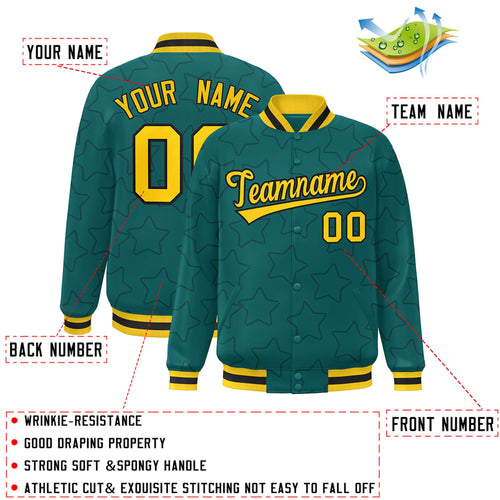 Custom Aqua & Navy Star Pattern Satin Full-Snap Varsity Jacket - C