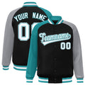 Custom Black & Gray & Aqua Color Block Satin Full-Snap Varsity Jacket - F