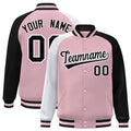 Personalized Light Pink & Black & White Color Block Satin Full-Snap Varsity Jacket - F