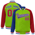 Custom Neon Green & Red & Royal Blue Color Block Satin Full-Snap Varsity Jacket - F