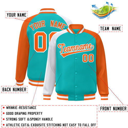 Custom Aqua & Orange & White Color Block Satin Full-Snap Varsity Jacket - C