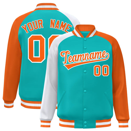 Custom Aqua & Orange & White Color Block Satin Full-Snap Varsity Jacket - F