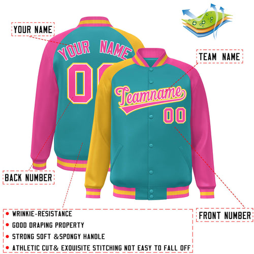 Custom Aqua & Pink & Gold Color Block Satin Full-Snap Varsity Jacket - C