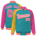 Custom Aqua & Pink & Gold Color Block Satin Full-Snap Varsity Jacket - F