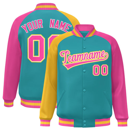 Custom Aqua & Pink & Gold Color Block Satin Full-Snap Varsity Jacket - F