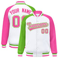Personalized White & Pink & Green Color Block Satin Full-Snap Varsity Jacket - F
