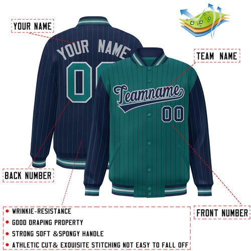 Custom Aqua & Navy Pinstripe Satin Full-Snap Varsity Jacket - C