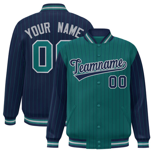 Custom Aqua & Navy Pinstripe Satin Full-Snap Varsity Jacket - F