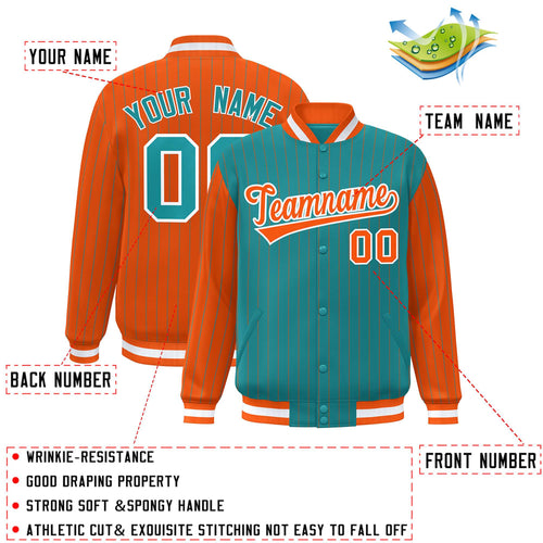 Custom Aqua & Orange Pinstripe Satin Full-Snap Varsity Jacket - C