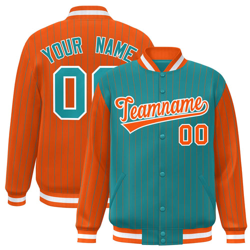 Custom Aqua & Orange Pinstripe Satin Full-Snap Varsity Jacket - F