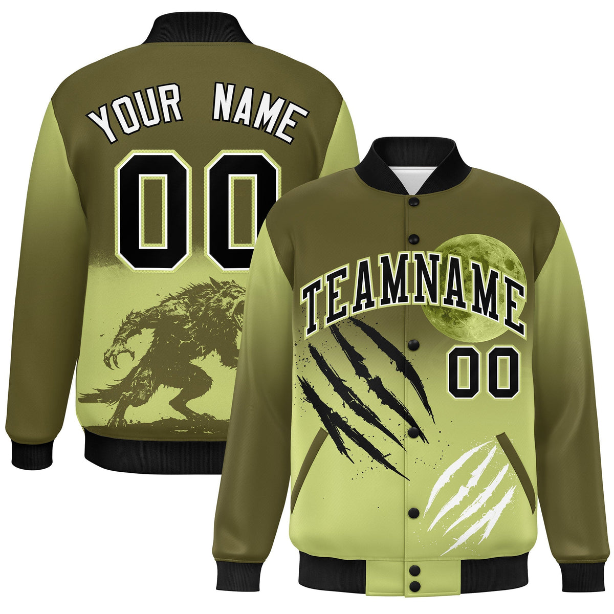 Custom Olive Champagne Black skeleton Halloween Graffiti Pattern Stretch Fabric Jacket| KXKSHOP