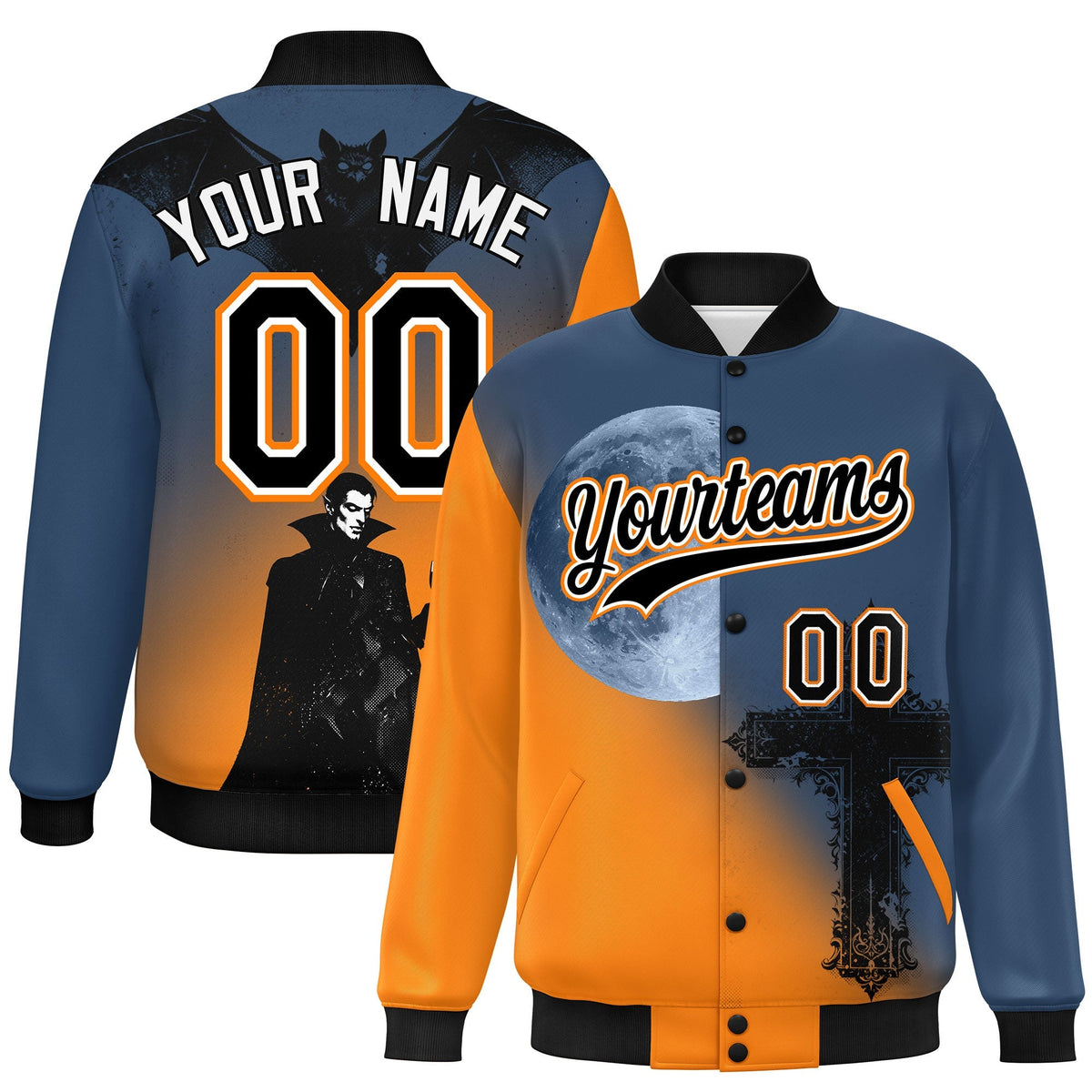 Custom Midnight Blue Orange Black skeleton Halloween Graffiti Pattern Stretch Fabric Jacket| KXKSHOP